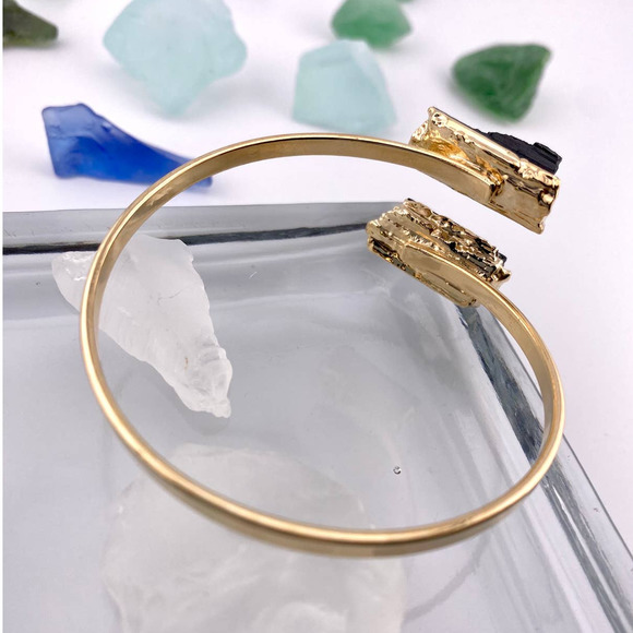 Natural Black Tourmaline Open Double Stone 18k Gold Plated Cuff Bracelet - Picture 7 of 8